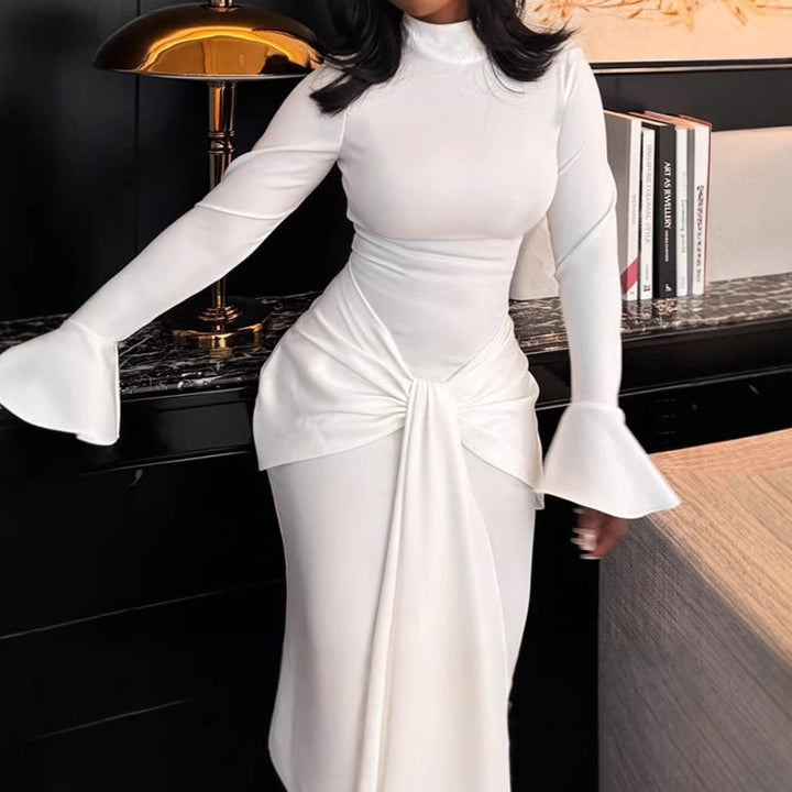 Ladies Elegant Maxi Dress with fitted cut and ruffle details Lune London