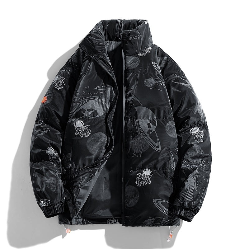 Ladies futuristic quilted jacket with astronaut patterns Lune London