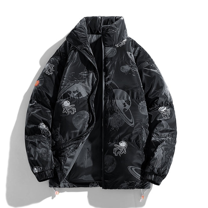 Ladies futuristic quilted jacket with astronaut patterns Lune London