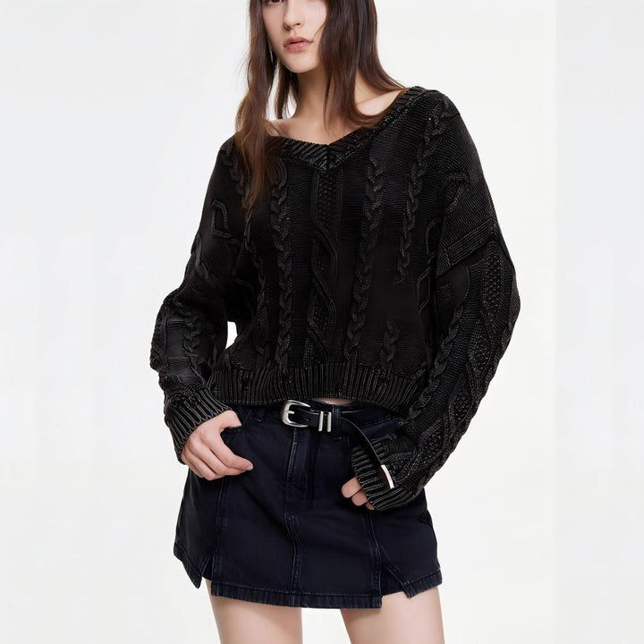 Pull en maille épaisse pour femmes avec un décolleté en V profond et un motif en côtes Chic & Stil