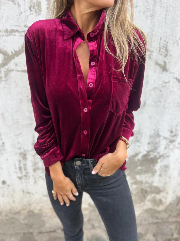 Elegant satin blouse for women with classic collar and chest pocket Lune London