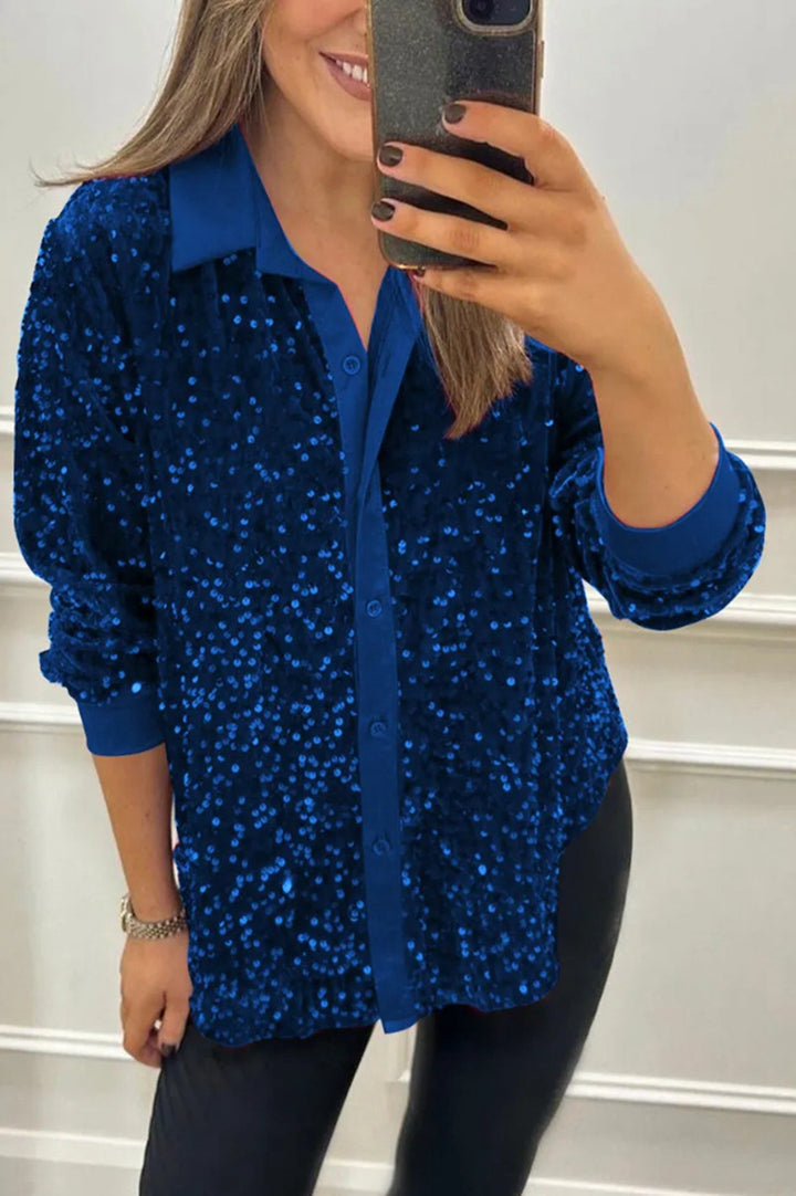 Blouse à sequins glamour pour femmes avec col classique et manches longues Chic & Stil