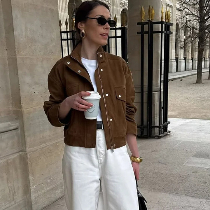 Ladies Elegant Synthetic Leather Jacket with Modern Chic High Collar and Style