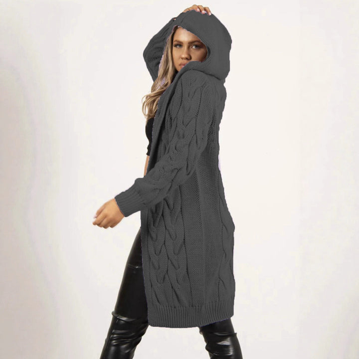 Ladies large knit wrap cardigan with hood and cable pattern Lune Londonl