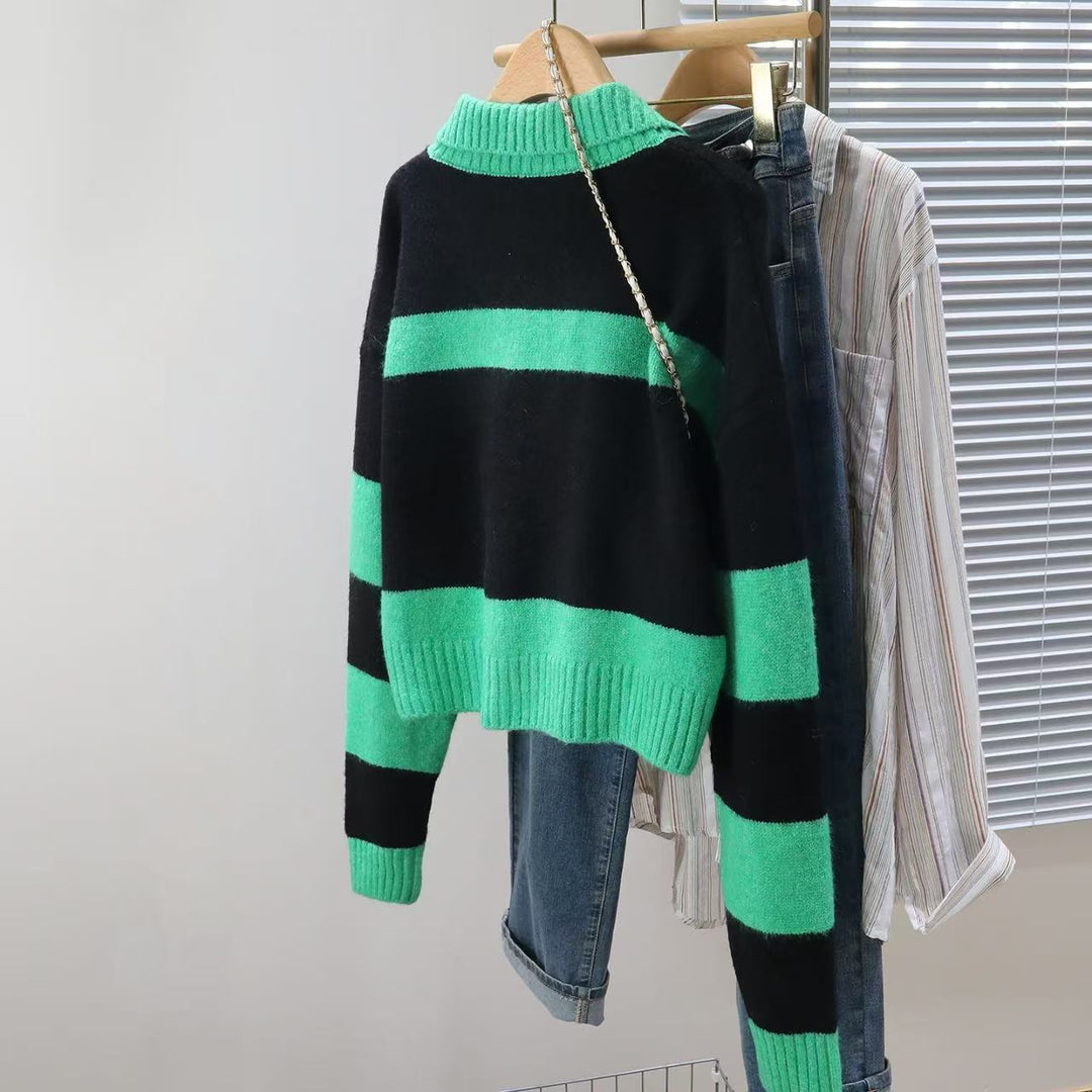 Knit sweater for women with deep V-neck and striped design Lune London