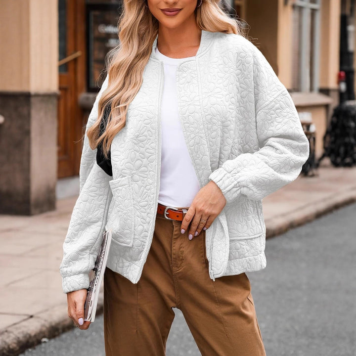 Quilted bomber jacket for women with floral design and practical pockets Lune London