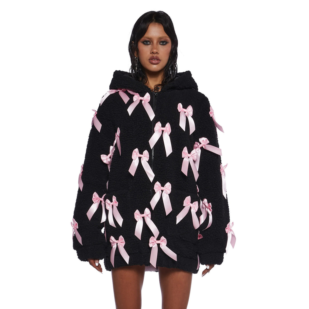Fleece jacket for women with elaborate satin bows Lune London