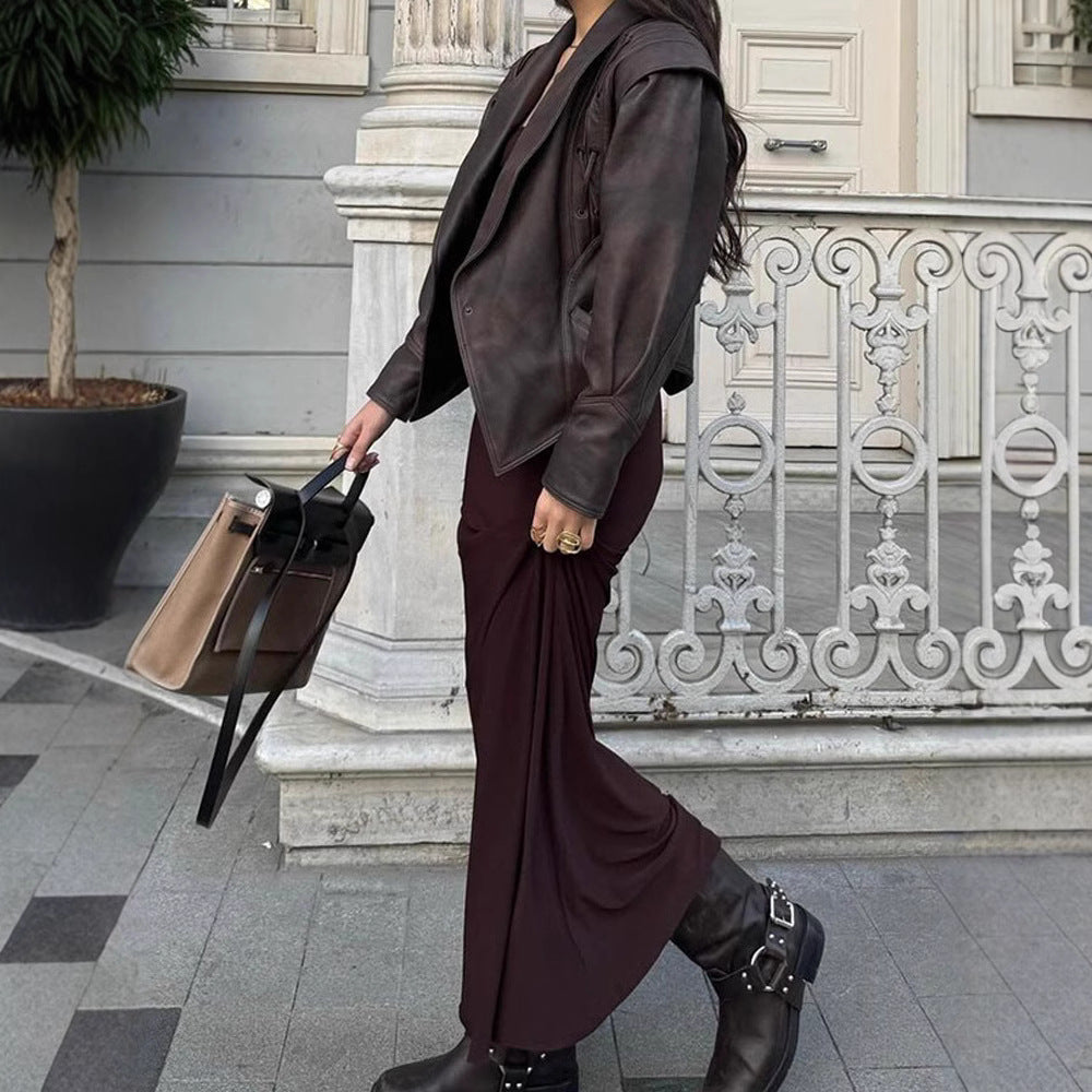 Designer leather blazer for women with belt and decorative lace details Lune London