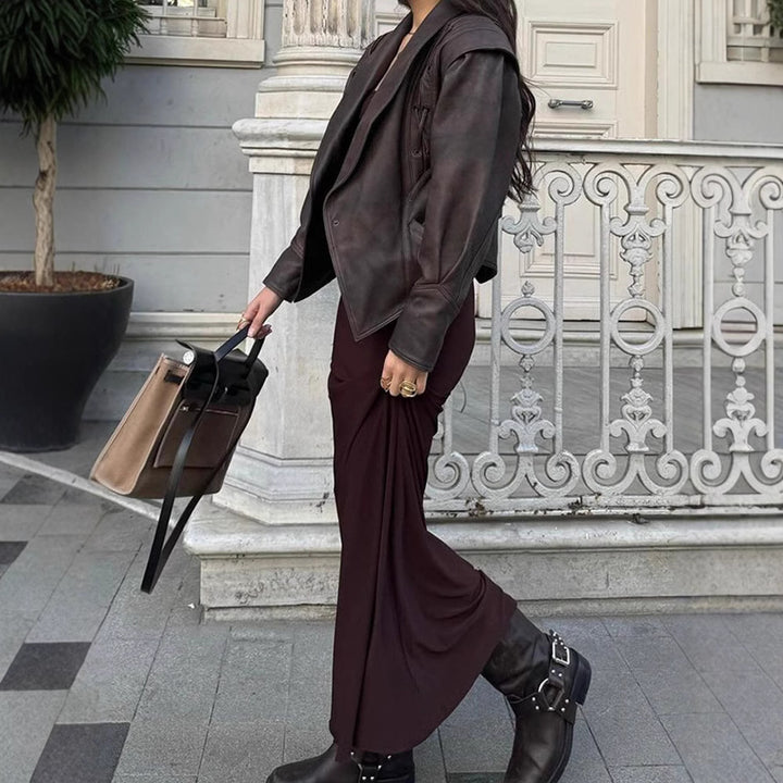 Designer leather blazer for women with belt and decorative lace details Lune London