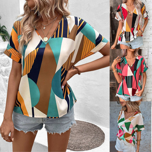 Ladies V-neck top geometric print Lune London