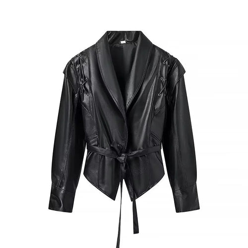 Elegant faux leather jacket for women with trendy lace-up details Lune London