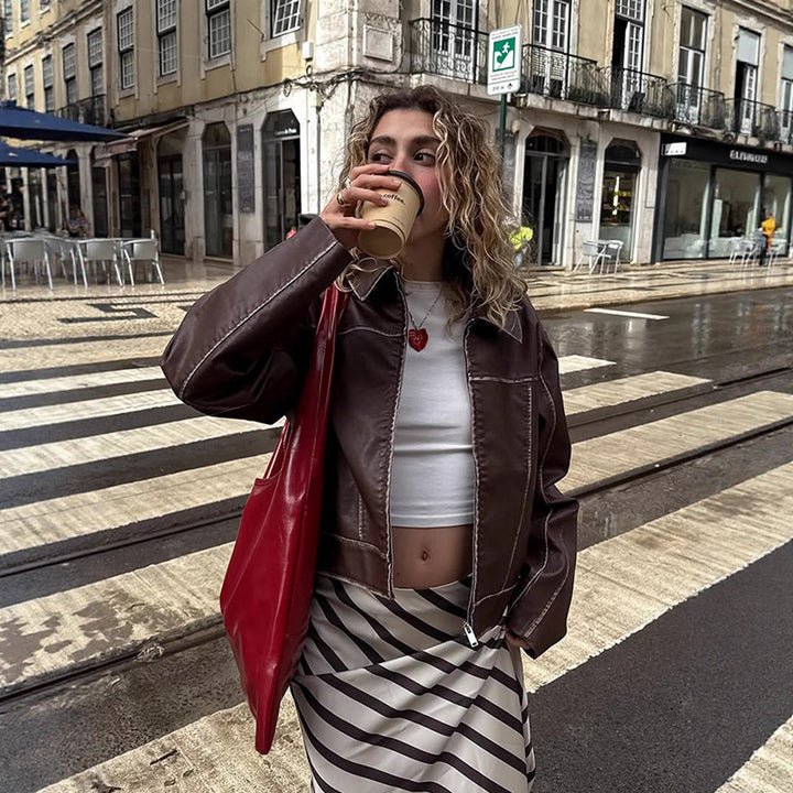 Cropped faux leather jacket for women with fine seams and a loose fit Lune London