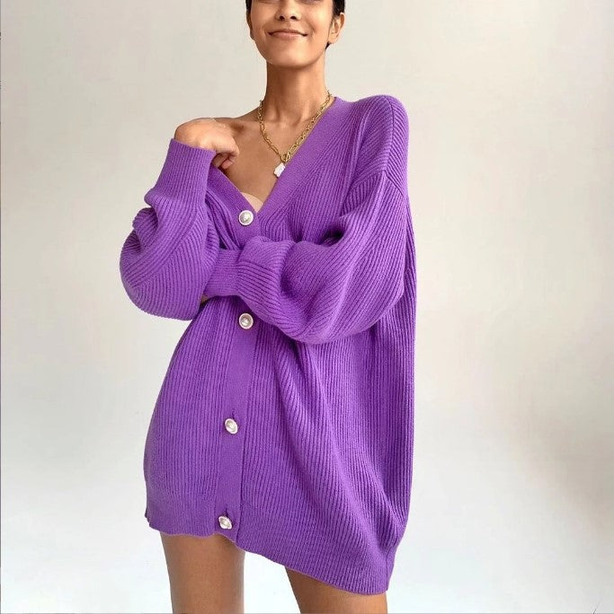 Women oversized cardigan with deep V-neck and elegant buttons Lune London