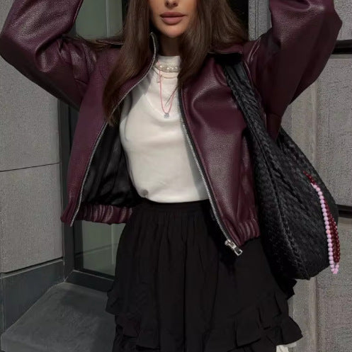 Casual leather jacket for women with a sporty style and elastic belt Lune London