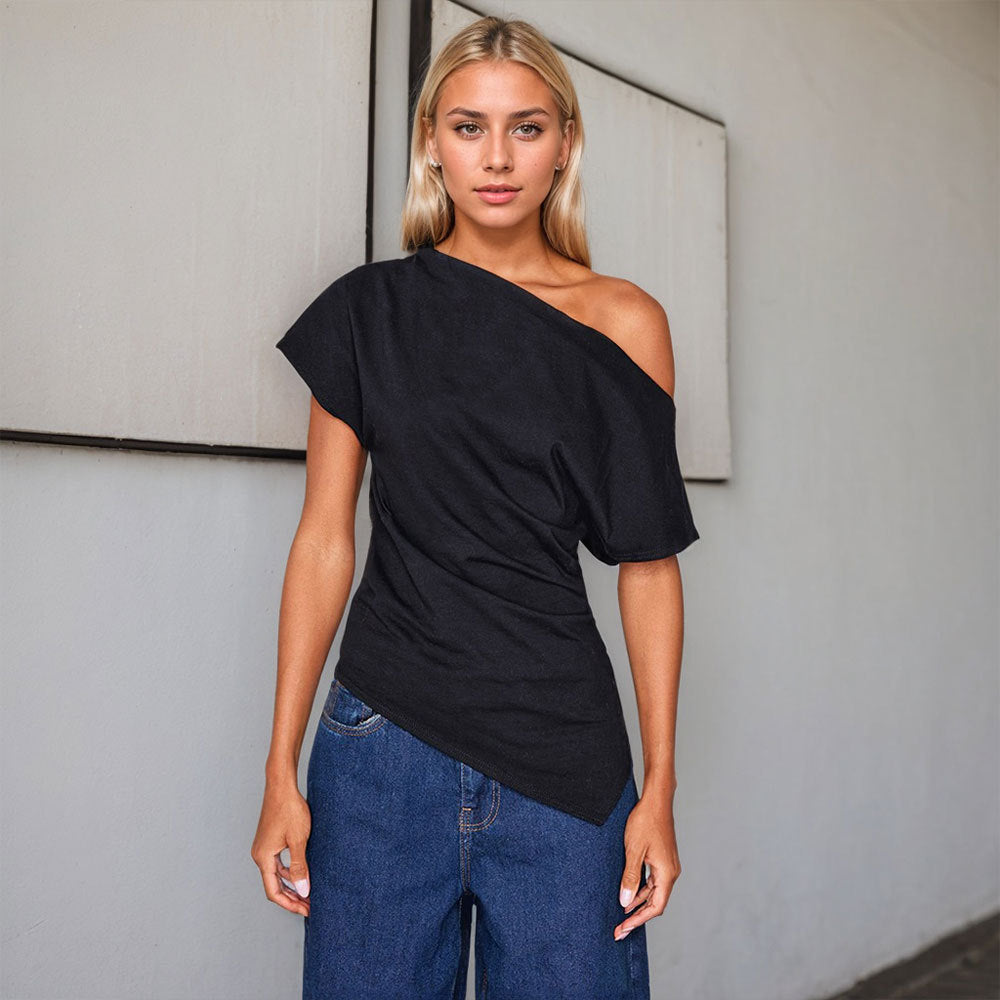 Asymmetrical top for women with off-shoulder design and trendy draped details Chic & Stil