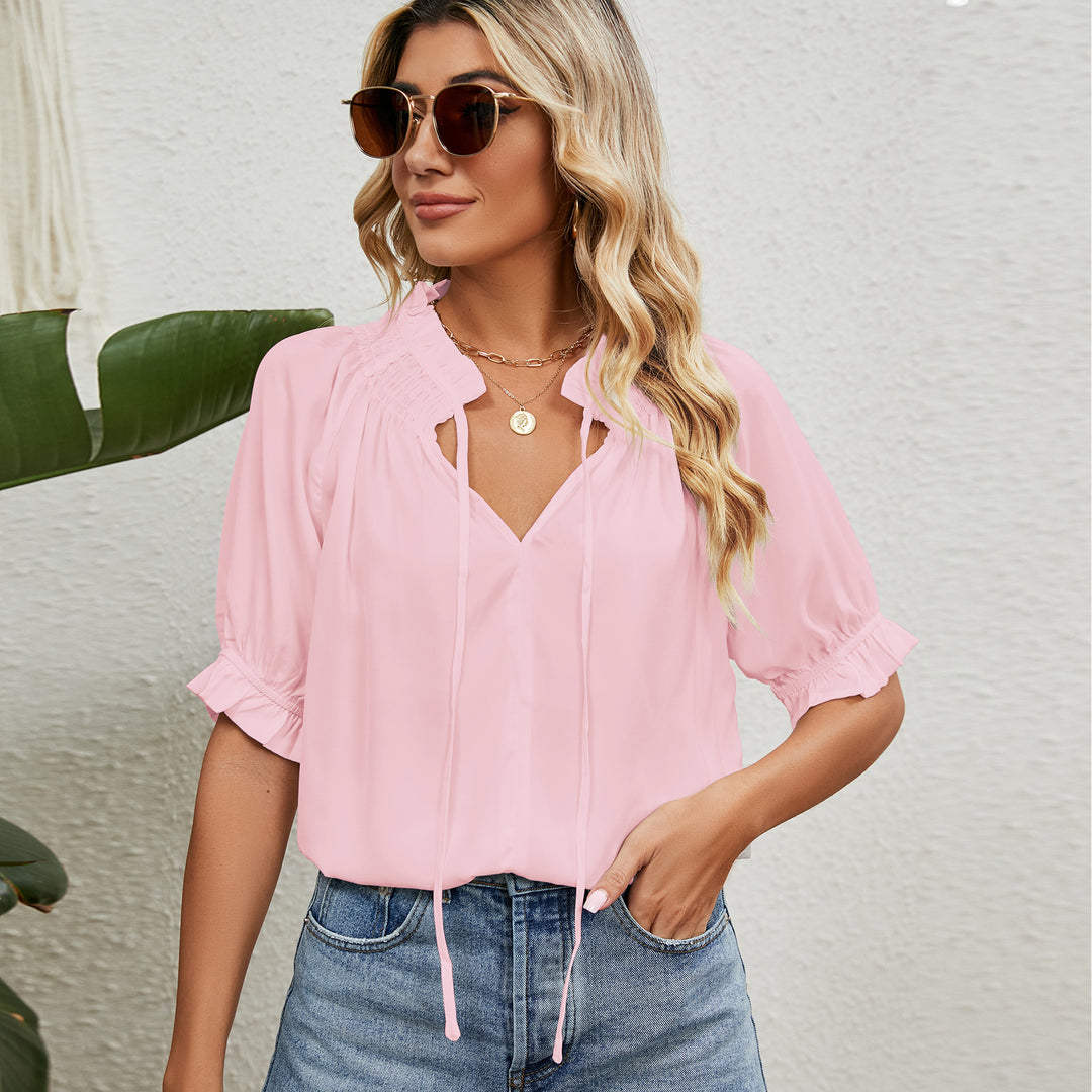Blouse women with gathered collar and short sleeves Lune London