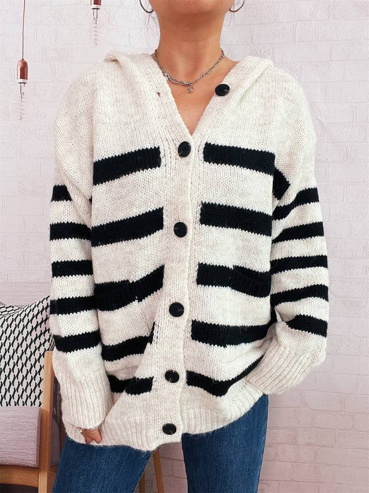Cardigan décontracté en tricot pour femmes avec capuche et grandes rayures Chic & Stil