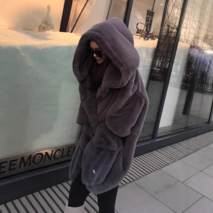 Ladies Oversized Faux Fur Coat with Hood and Pockets Lune London