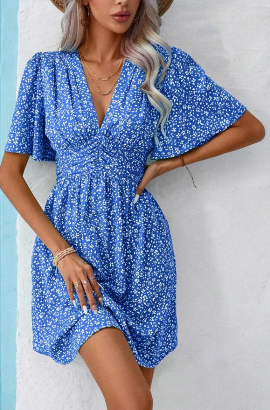 V-neck summer dress with gathers and balloon sleeves Lune London