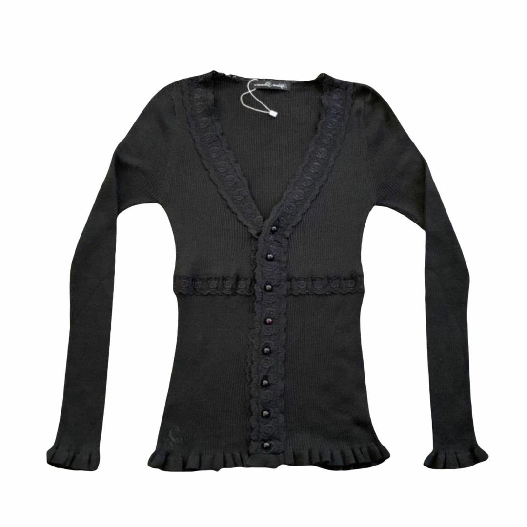 Women's knitted top with romantic lace and ruffle details Lune London