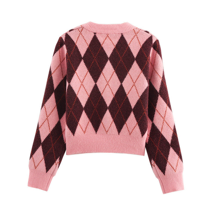 Women's patterned knit cardigan with buttons and intricate diamond design Lune London