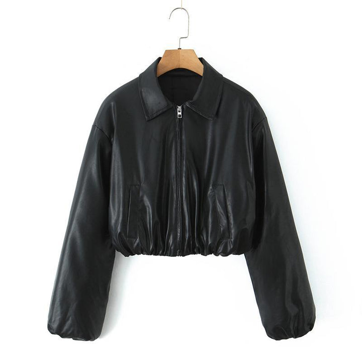 Cropped faux leather women's jacket with practical pockets and elastic waistband Lune London