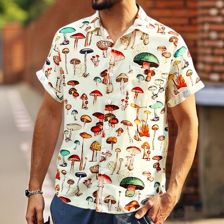 Short sleeve shirt for men with a colorful mushroom pattern and breathable cotton Lune London