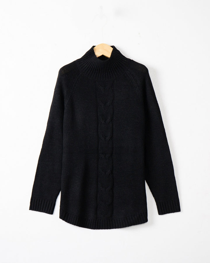 Chunky knit sweater for women with a high collar and cable patterns Lune London