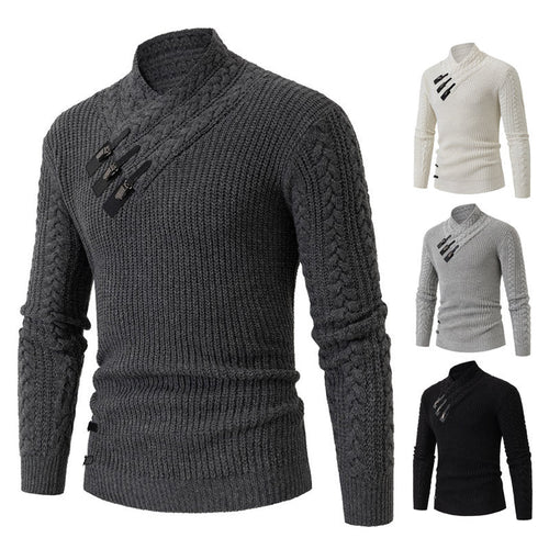 Men's Knit Sweater with Asymmetric Collar and Decorative Zipper Lune London