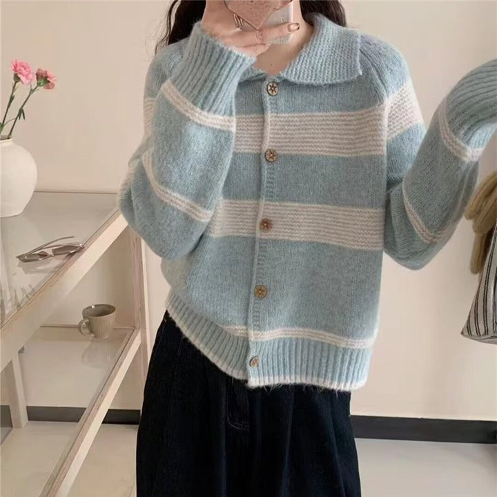 Ladies fashionable knitted cardigan with stylish stripes and wooden buttons Lune London