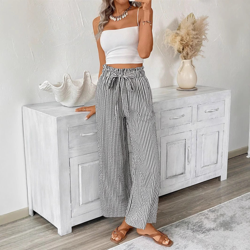 Wide striped leisure trousers for women with a tie belt Lune London