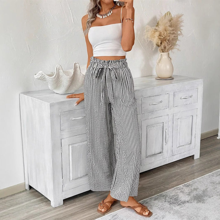 Wide striped leisure trousers for women with a tie belt Lune London