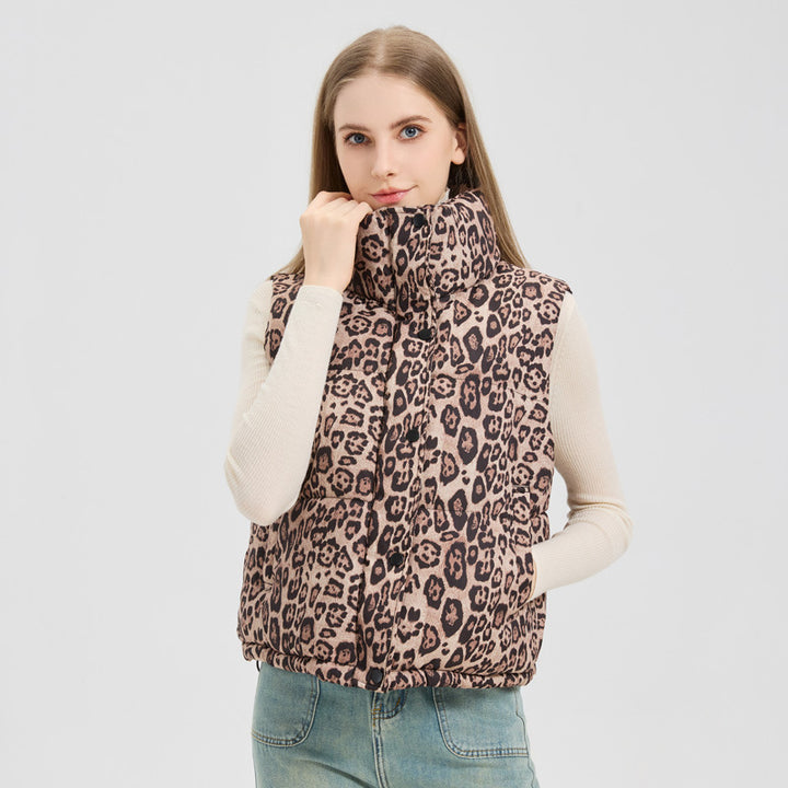 Lady Padded Gilet with Leopard Print and High Collar Lune London