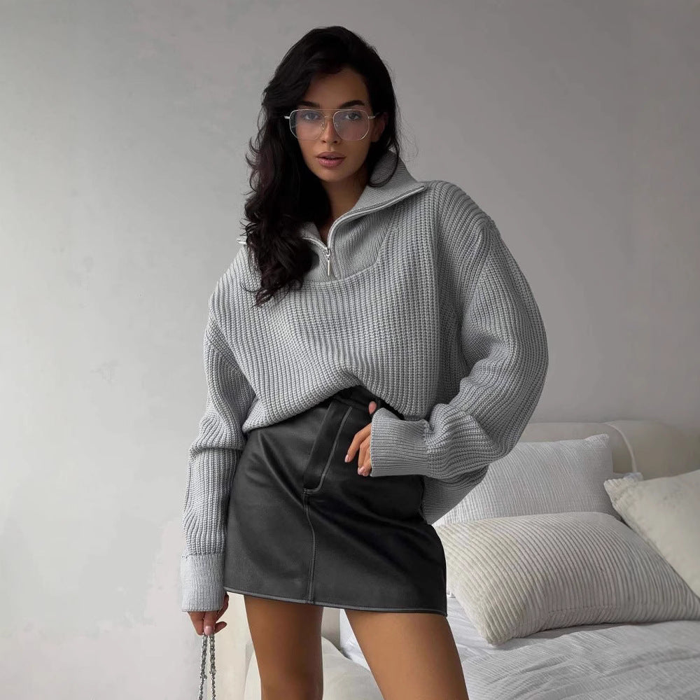 Oversized knit sweater for women with high collar and zipper Lune London