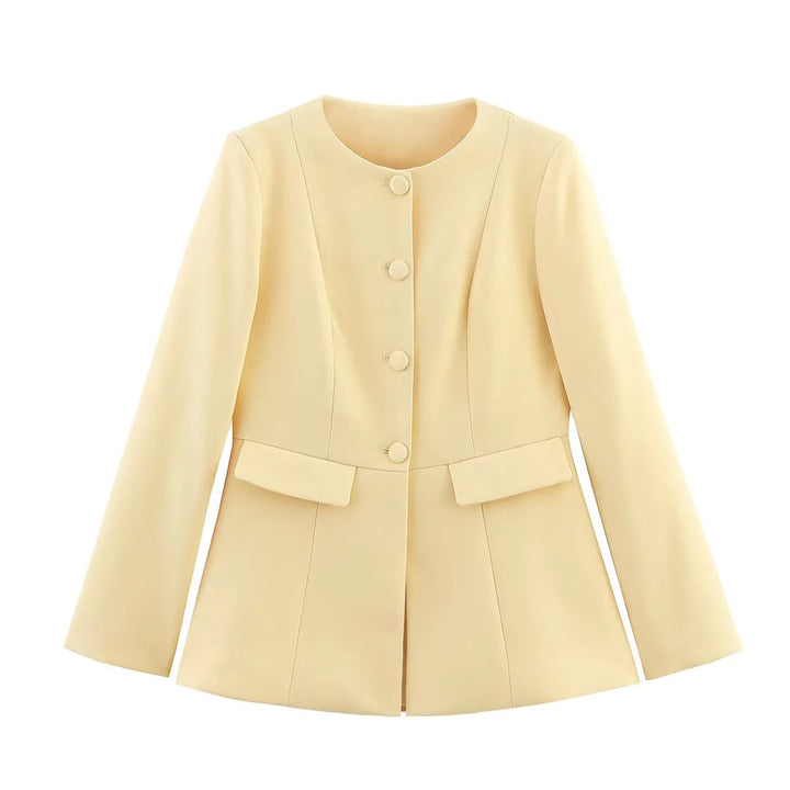 Elegant short blazer for women with a tailored fit and chic button details.