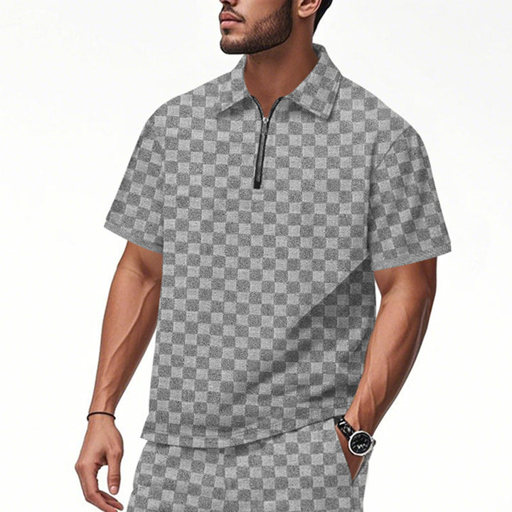 Modern short-sleeved polo for men with zipper and check pattern Lune London