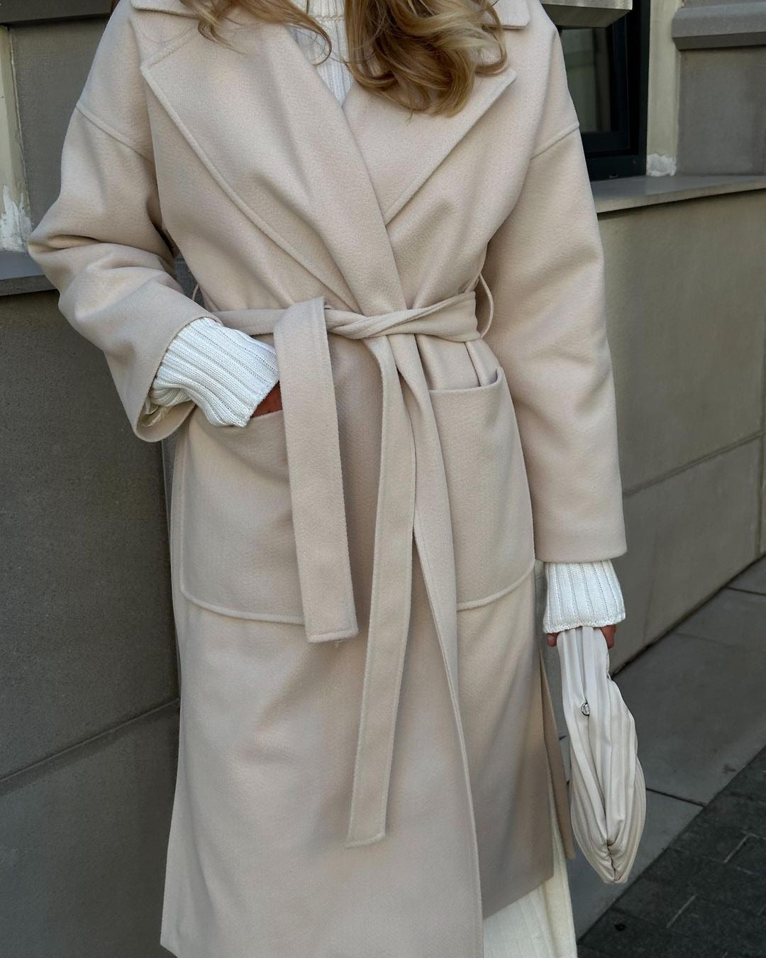 Elegant transitional coat for women with wide lapels and belt detail Lune London
