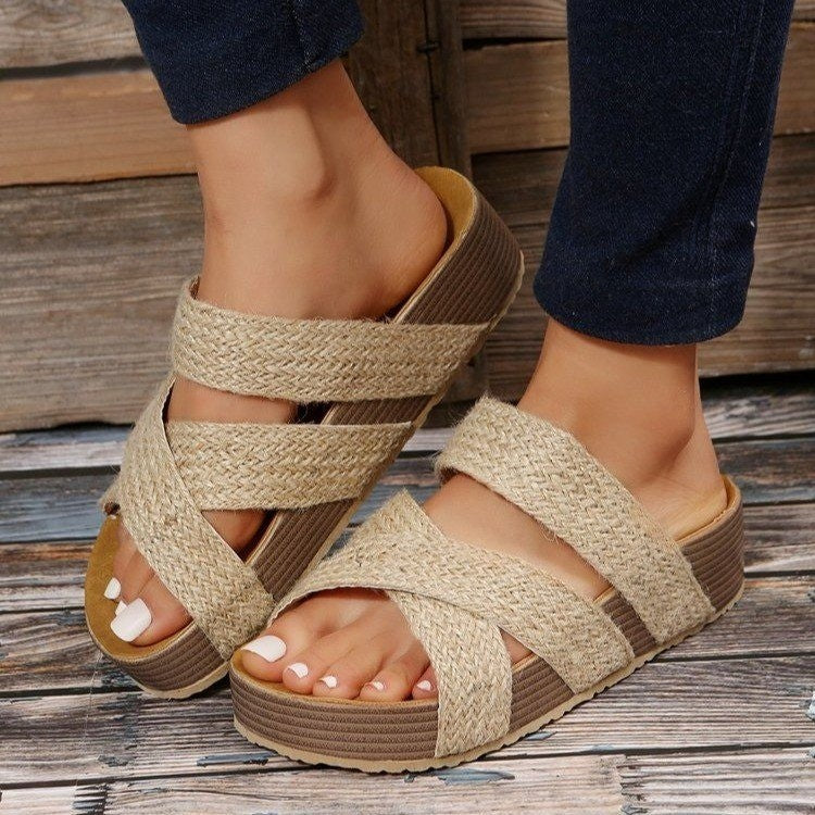 Wedge heel sandals with crossover straps for women Lune London