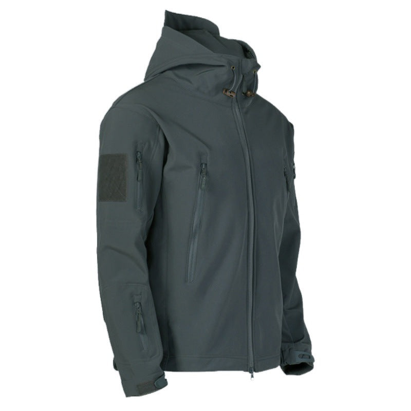 Technical softshell jacket for men with multifunctional pockets and adjustable hood system Lune London