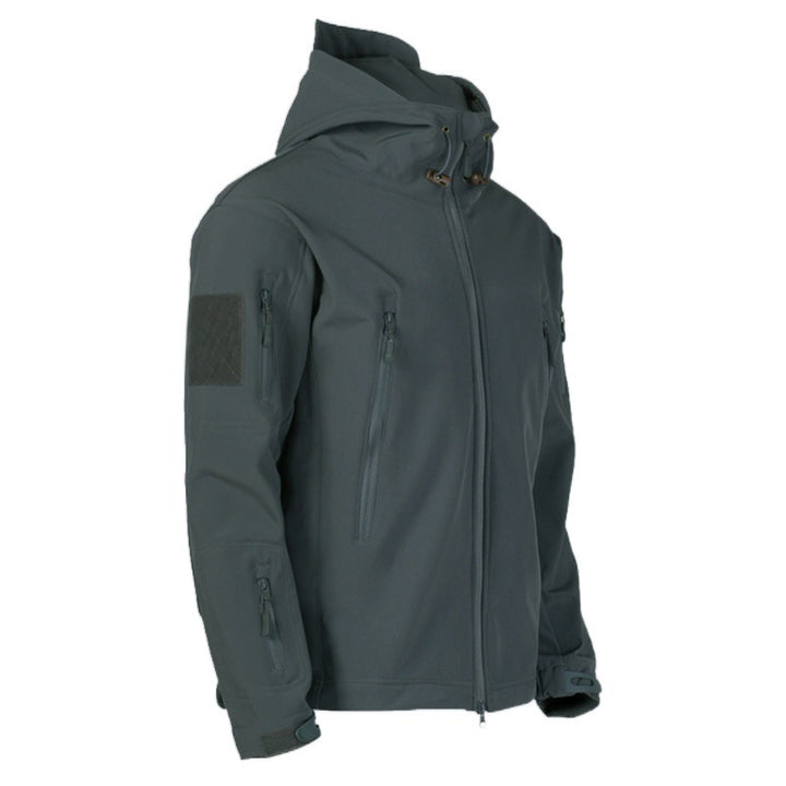 Technical softshell jacket for men with multifunctional pockets and adjustable hood system Lune London