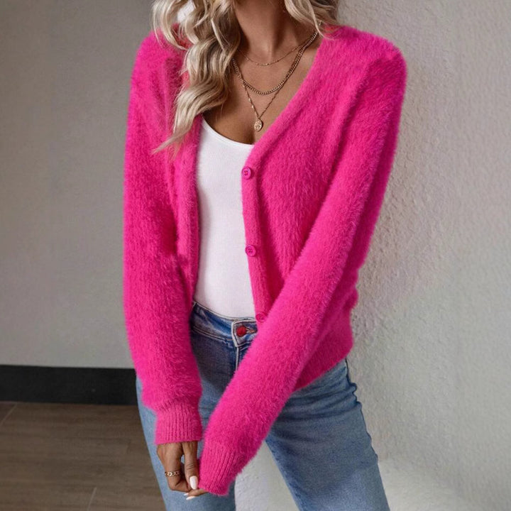Ladies Soft V-Neck Sweater with Chic Button Detail and Style
