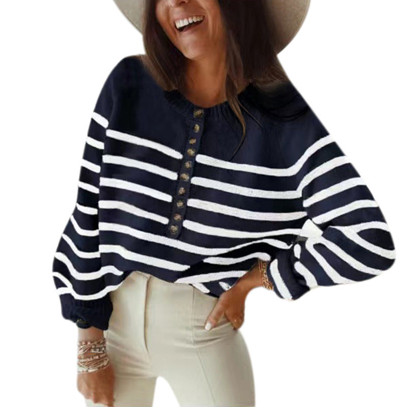 Striped women's sweater with button placket Lune London