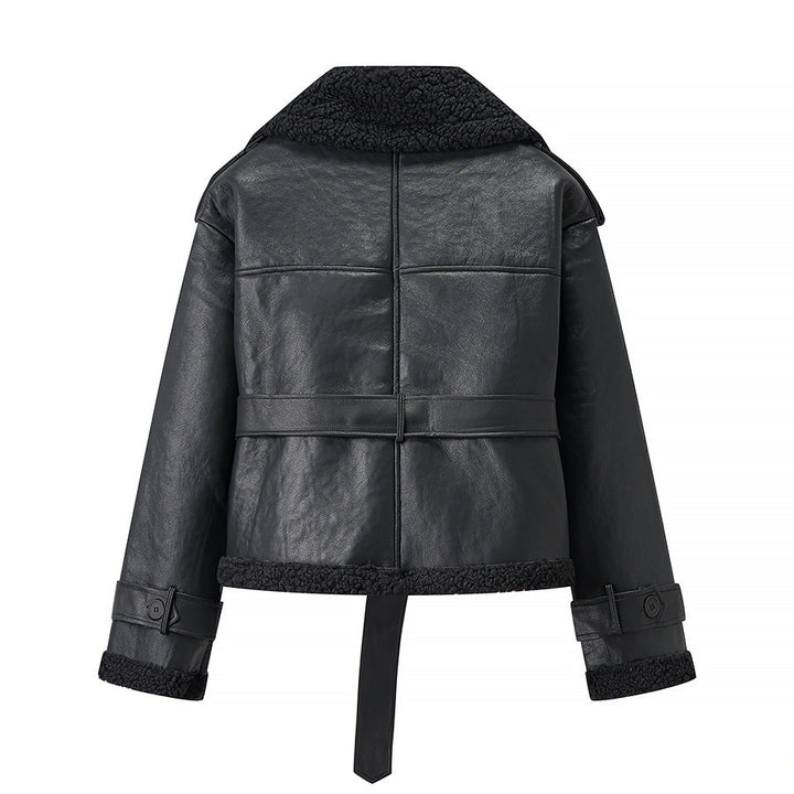 Trendy biker jacket for women with faux fur collar and belt Lune London