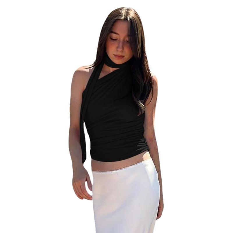 Women asymmetric gathered halter top Lune London
