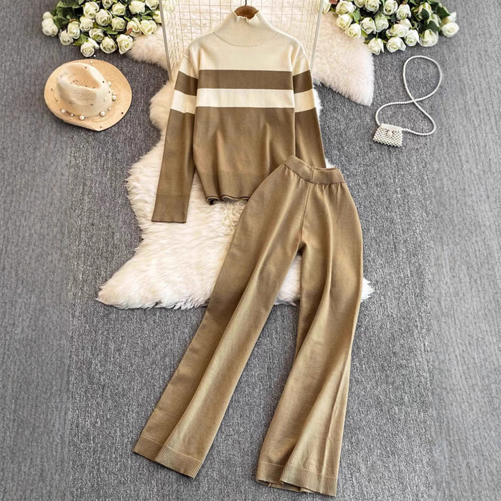 Knitted loungewear set for women with a high collar and wide stripes Lune London
