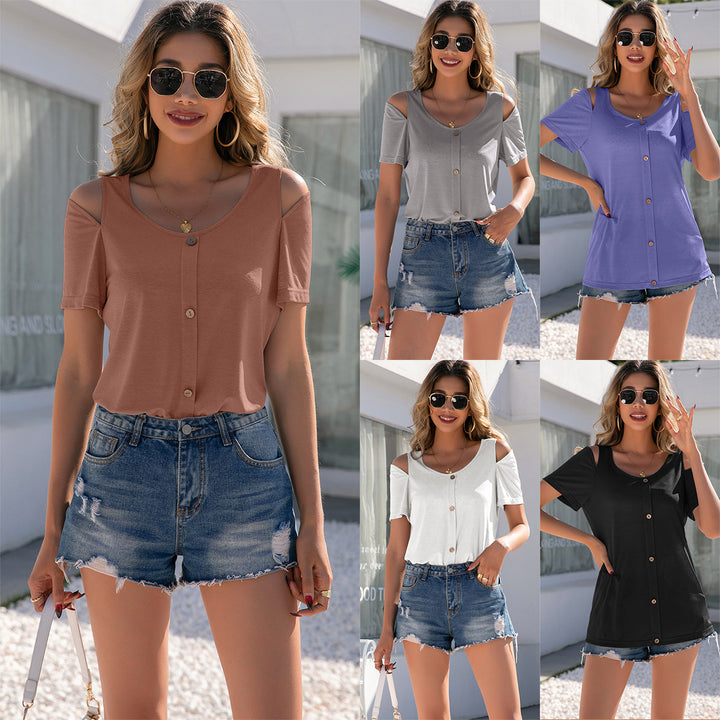 Casual women's t-shirt with button placket and off-shoulder Lune London