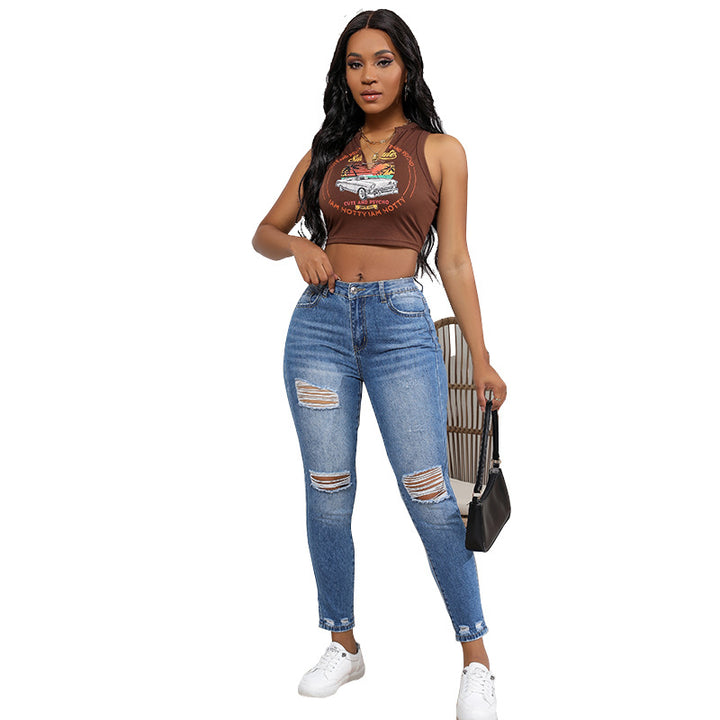 Jeans taille haute pour femmes au look détruit tendance avec de forts détails de déchirure Lune London