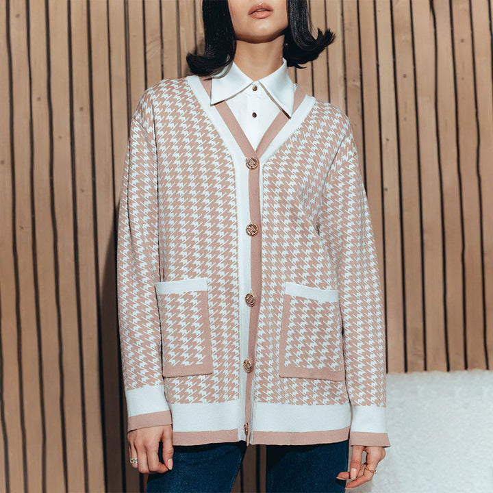 Women's knitted cardigan with a classic houndstooth pattern and button placket Lune London