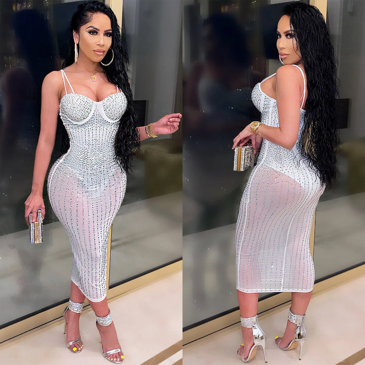 Lune London rhinestone embellished bodycon midi dress for ladies