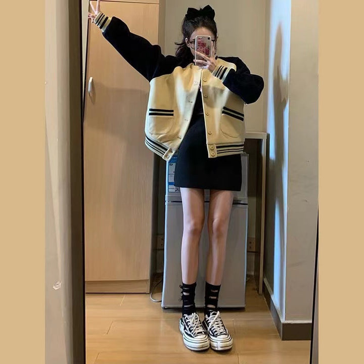 Ladies Varsity Jacket with Button Closure and Side Pockets Chic & Stil